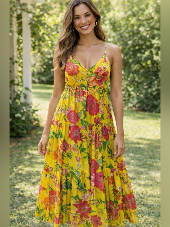 Band Of The Free Dresses & Skirts - Sunny Yellow Floral Maxi Dress with Spaghetti Straps
